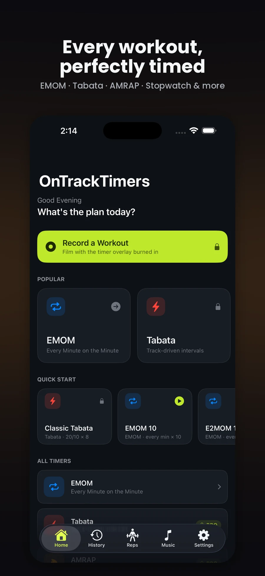 OnTrack Timers — the interval timer home screen