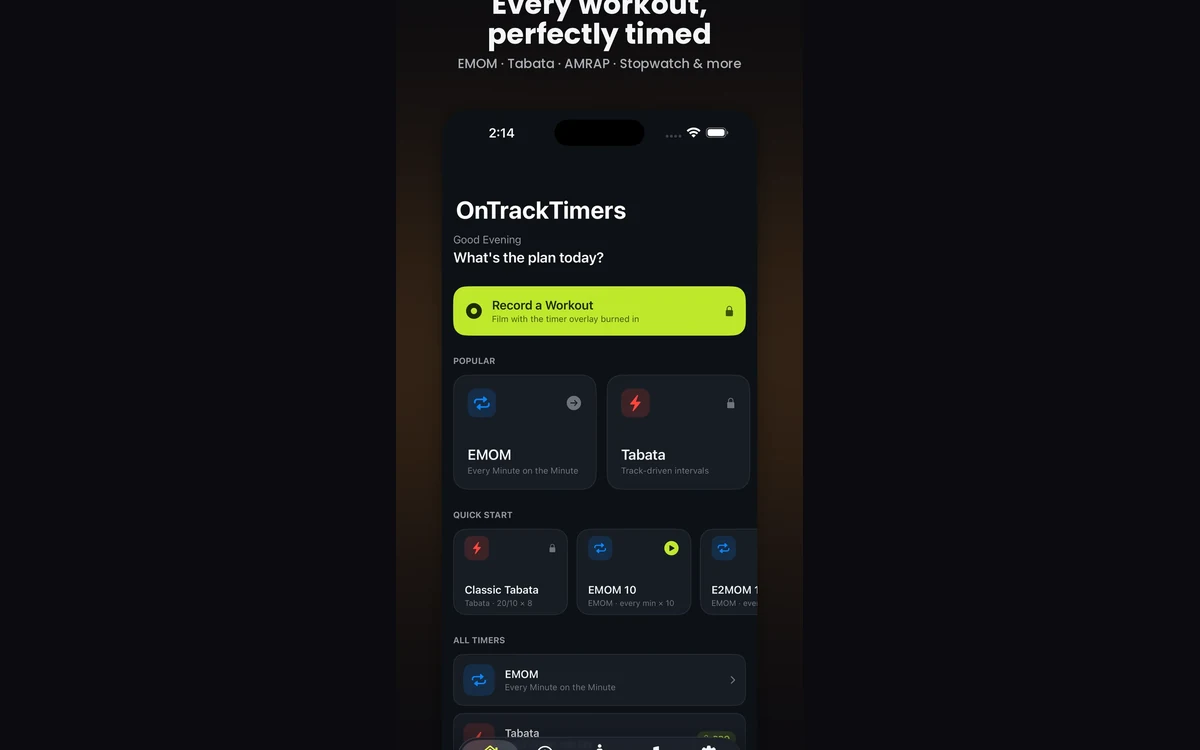 OnTrack Timers on iPhone — the interval timer home screen