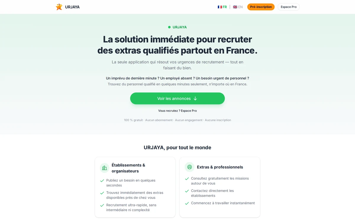 The URJAYA homepage in French, showing the two audiences: establishments and extras